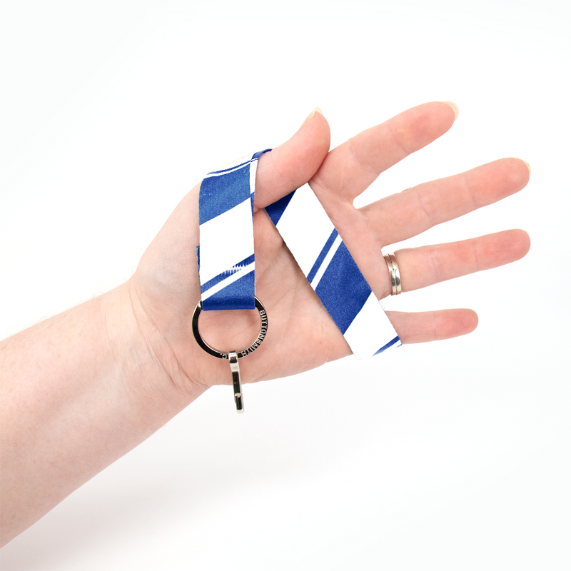Blue White Stripes Wristlet Lanyard - Short Length with Flat Key Ring and Clip - Made in the USA
