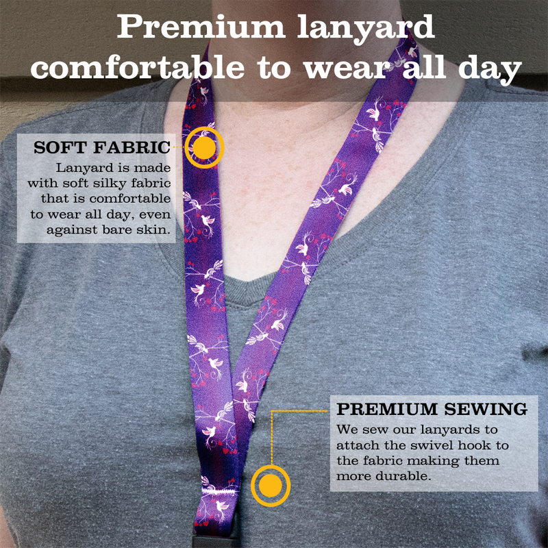 Lovebirds Purple Premium Lanyard - with Buckle and Flat Ring - Made in the USA