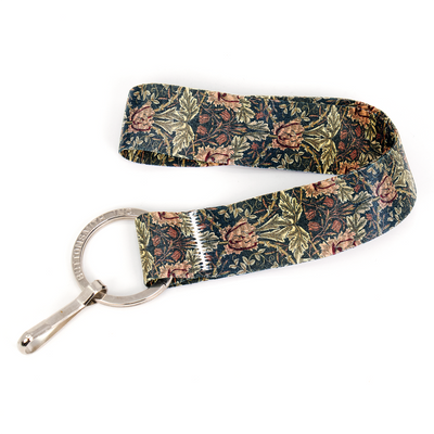 Morris Black Red Floral Wristlet Lanyard - Short Length with Flat Key Ring and Clip - Made in the USA
