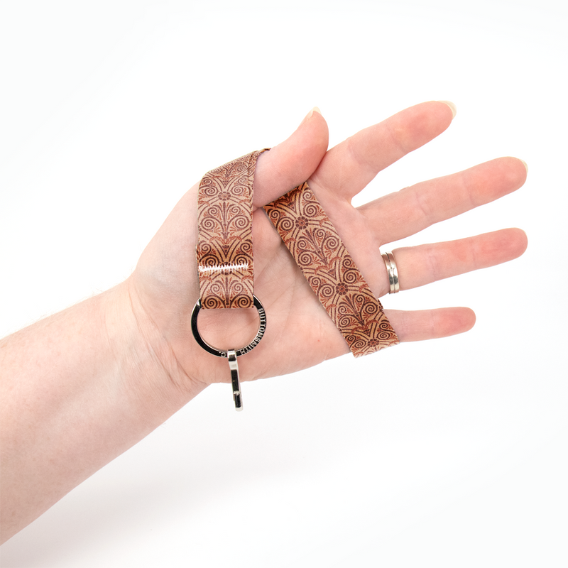 Greek Swirls Terra Cotta Wristlet Lanyard - Short Length with Flat Key Ring and Clip - Made in the USA