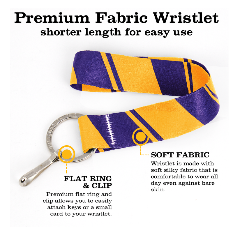 Purple Gold Stripes Wristlet Lanyard - Short Length with Flat Key Ring and Clip - Made in the USA