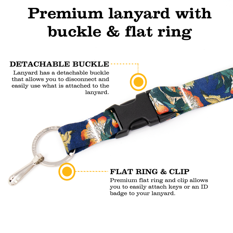 Hokusai Canary and Peony Breakaway Lanyard - with Buckle and Flat Ring - Made in the USA