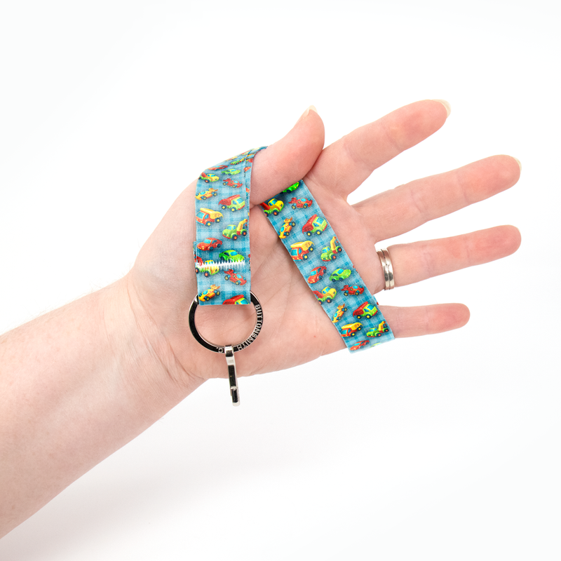 Toy Wheels Blue Wristlet Lanyard - Short Length with Flat Key Ring and Clip - Made in the USA