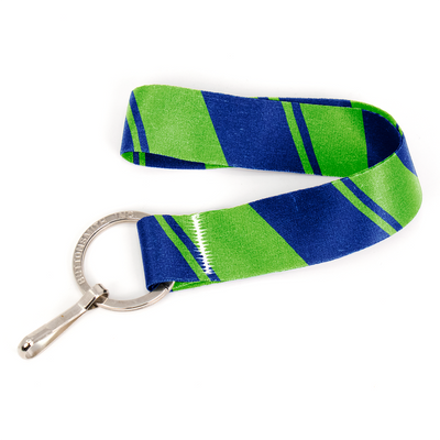 Blue Green Stripes Wristlet Lanyard - Short Length with Flat Key Ring and Clip - Made in the USA