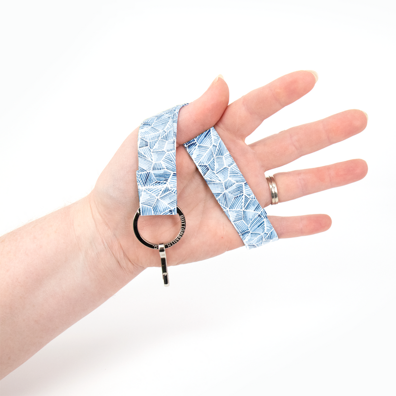 Blue Fractured Wristlet Lanyard - Short Length with Flat Key Ring and Clip - Made in the USA