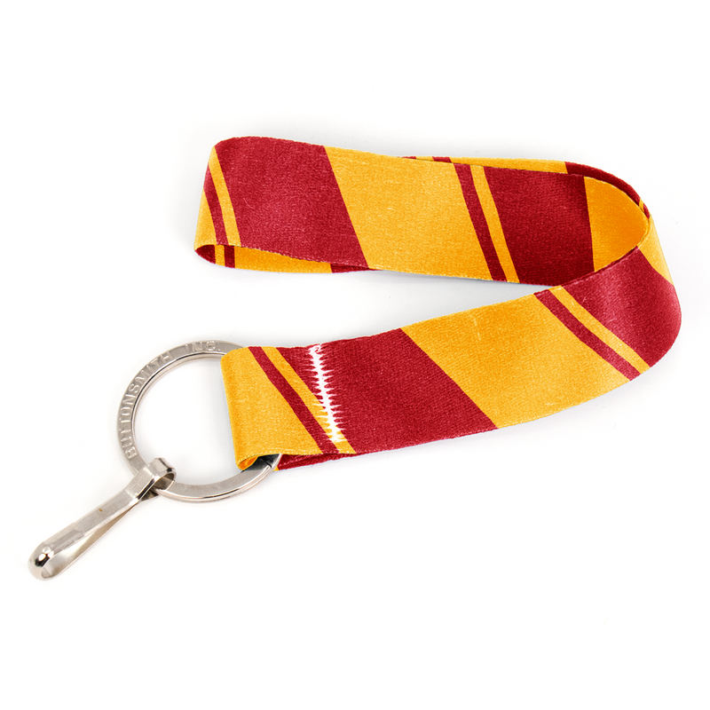 Red Gold Stripes Wristlet Lanyard - Short Length with Flat Key Ring and Clip - Made in the USA