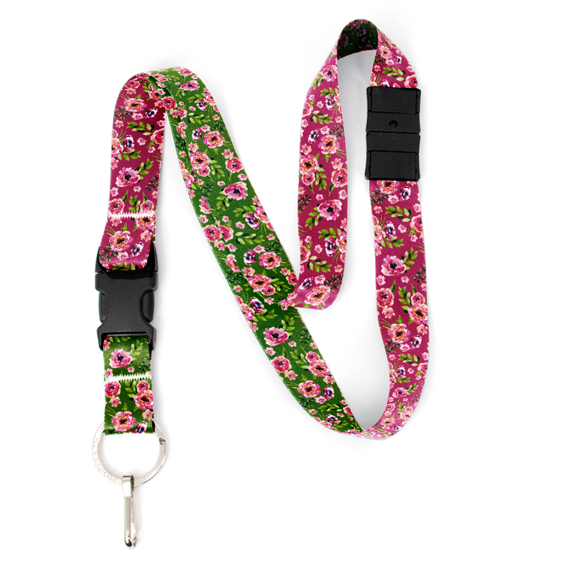 Peonies Pink Breakaway Lanyard - with Buckle and Flat Ring - Made in the USA