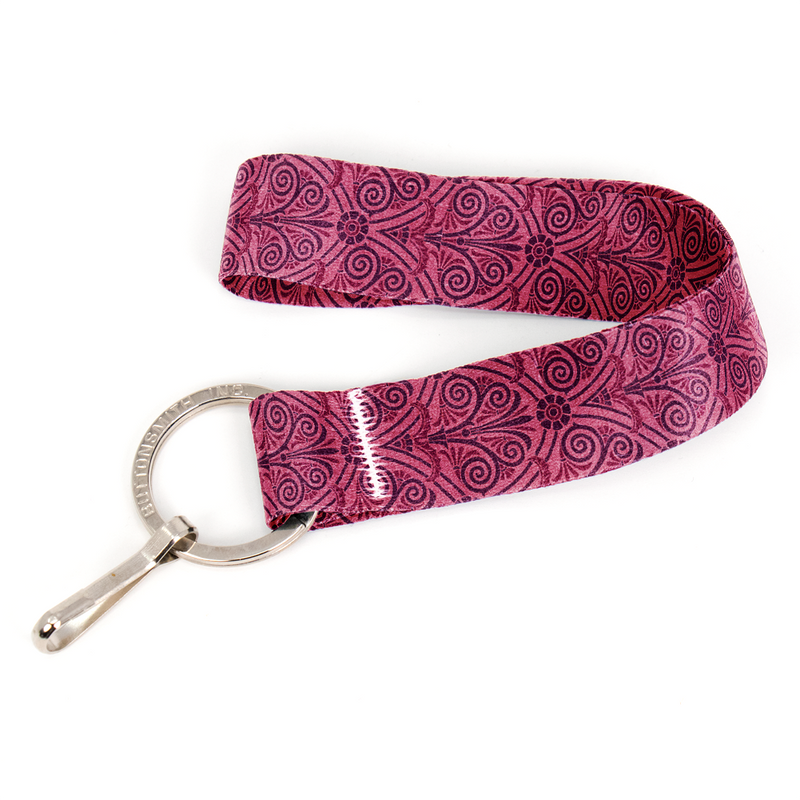 Greek Swirls Bougainviella Wristlet Lanyard - Short Length with Flat Key Ring and Clip - Made in the USA