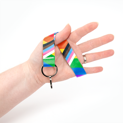 Rainbow Plus Pride Wristlet Lanyard - Short Length with Flat Key Ring and Clip - Made in the USA