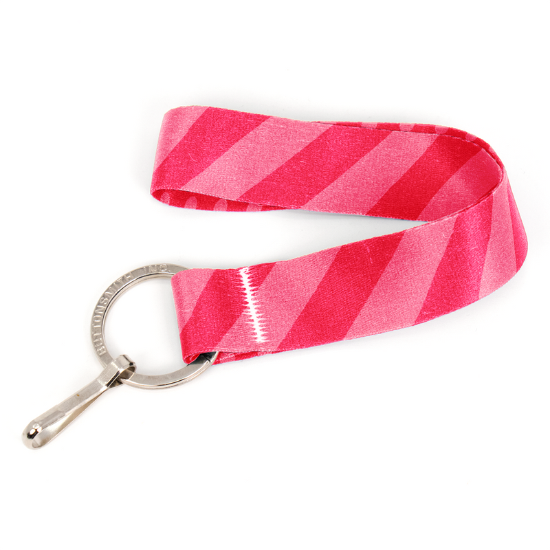 Pink Stripes Wristlet Lanyard - Short Length with Flat Key Ring and Clip - Made in the USA