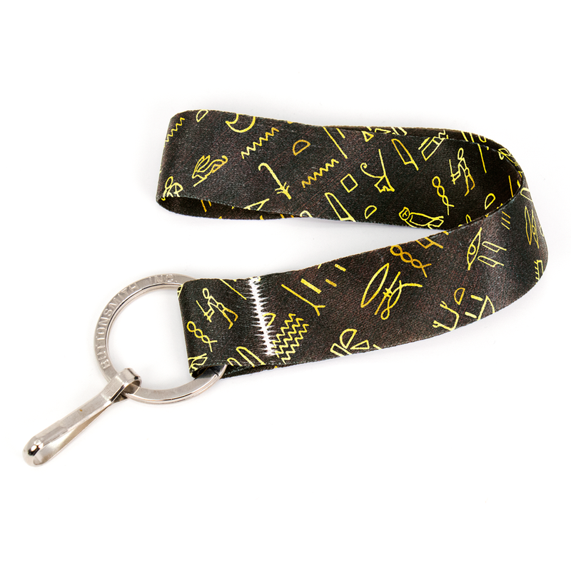 Egyptian Hieroglyphics Wristlet Lanyard - Short Length with Flat Key Ring and Clip - Made in the USA
