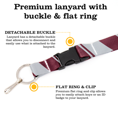 Maroon Grey Stripes Breakaway Lanyard - with Buckle and Flat Ring - Made in the USA