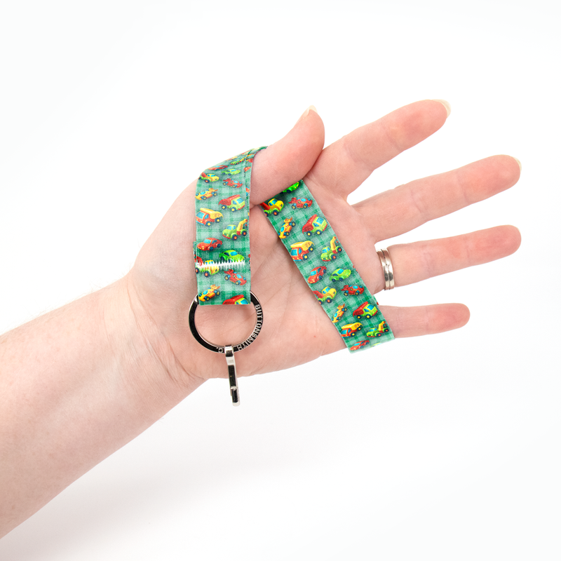 Toy Wheels Green Wristlet Lanyard - Short Length with Flat Key Ring and Clip - Made in the USA