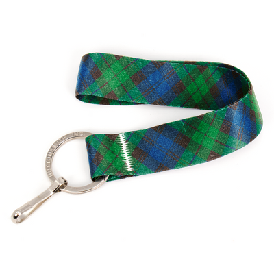 Tyneside Blue Plaid Wristlet Lanyard - Short Length with Flat Key Ring and Clip - Made in the USA