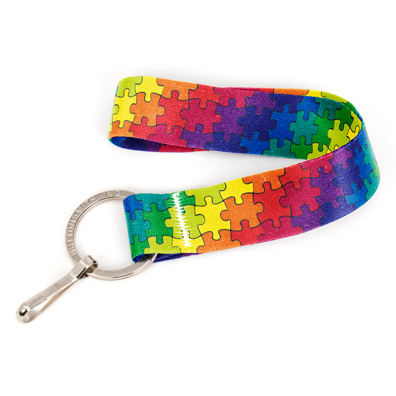Rainbow Puzzle Wristlet Lanyard - Short Length with Flat Key Ring and Clip - Made in the USA