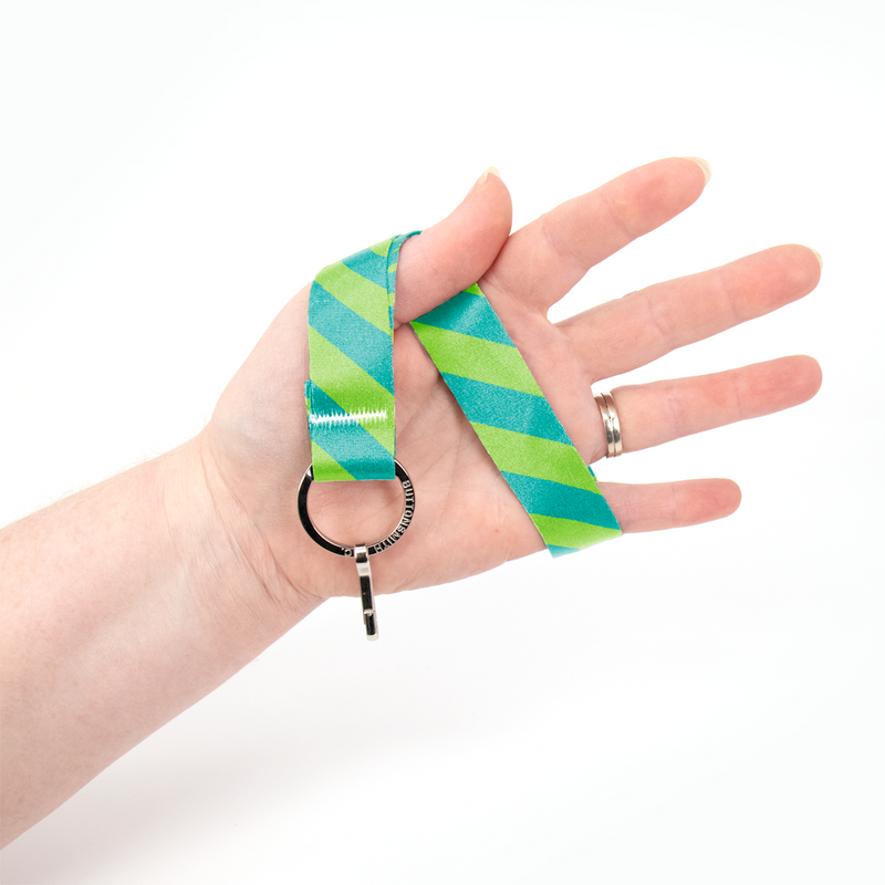 Aqua Stripes Wristlet Lanyard - Short Length with Flat Key Ring and Clip - Made in the USA