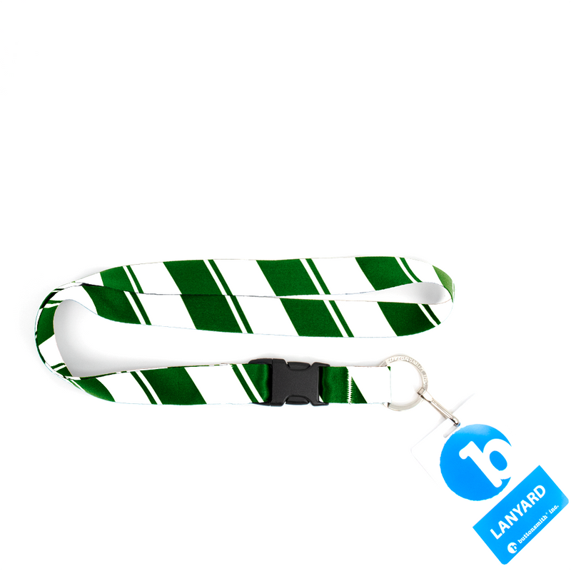 Green White Stripes Premium Lanyard - with Buckle and Flat Ring - Made in the USA