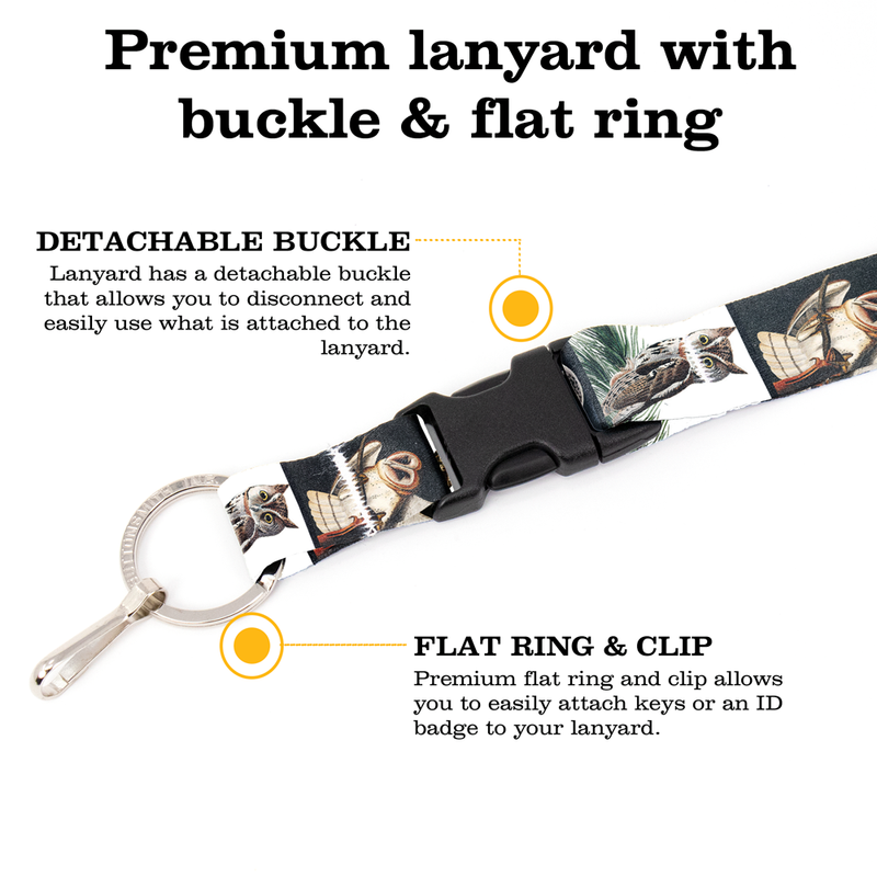 Audubon Owls Premium Lanyard - with Buckle and Flat Ring - Made in the USA