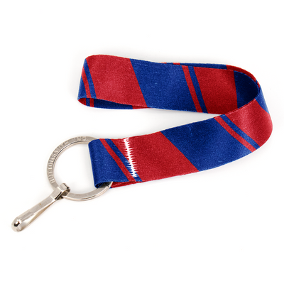 Blue Red Stripes Wristlet Lanyard - Short Length with Flat Key Ring and Clip - Made in the USA