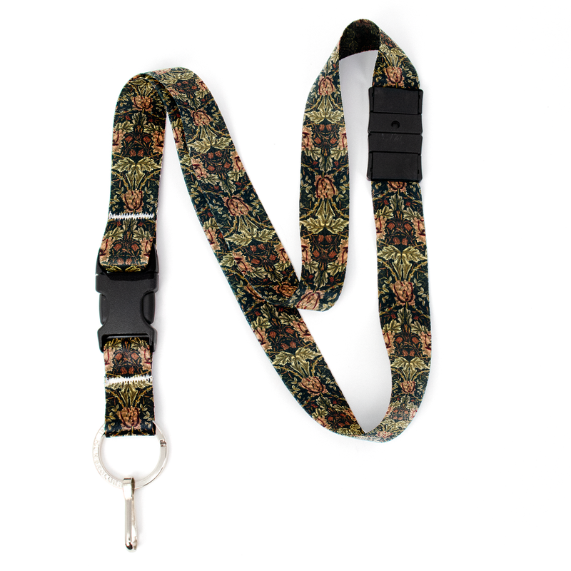 Morris Black Red Floral Breakaway Lanyard - with Buckle and Flat Ring - Made in the USA