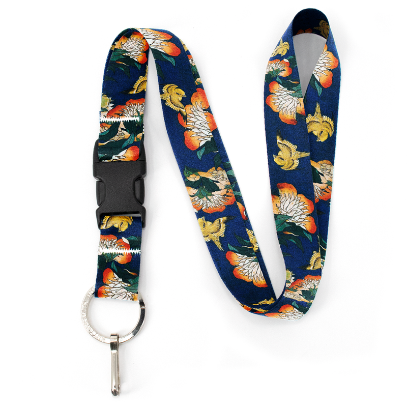 Hokusai Canary and Peony Premium Lanyard - with Buckle and Flat Ring - Made in the USA