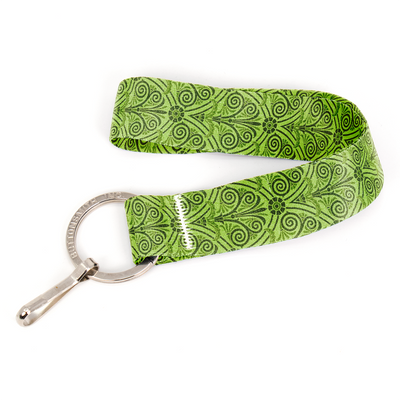 Greek Swirls Olive Wristlet Lanyard - Short Length with Flat Key Ring and Clip - Made in the USA