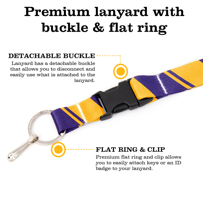 Purple Gold Stripes Premium Lanyard - with Buckle and Flat Ring - Made in the USA