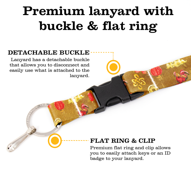 Lunar Rooster Zodiac Premium Lanyard - with Buckle and Flat Ring - Made in the USA