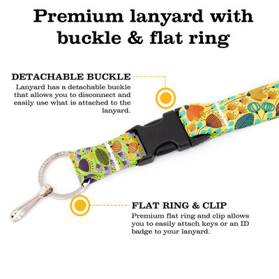 Orange Aqua Flowers Premium Lanyard - with Buckle and Flat Ring - Made in the USA