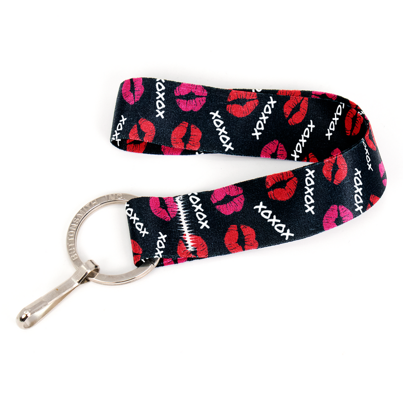 Kisses Black Wristlet Lanyard - Short Length with Flat Key Ring and Clip - Made in the USA