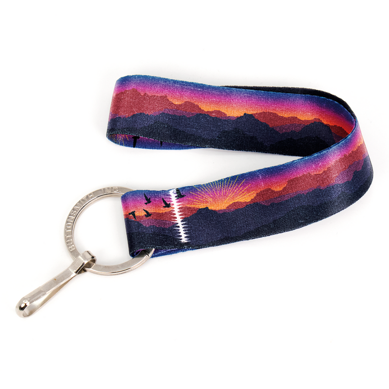Mountain Sunset Wristlet Lanyard - Short Length with Flat Key Ring and Clip - Made in the USA