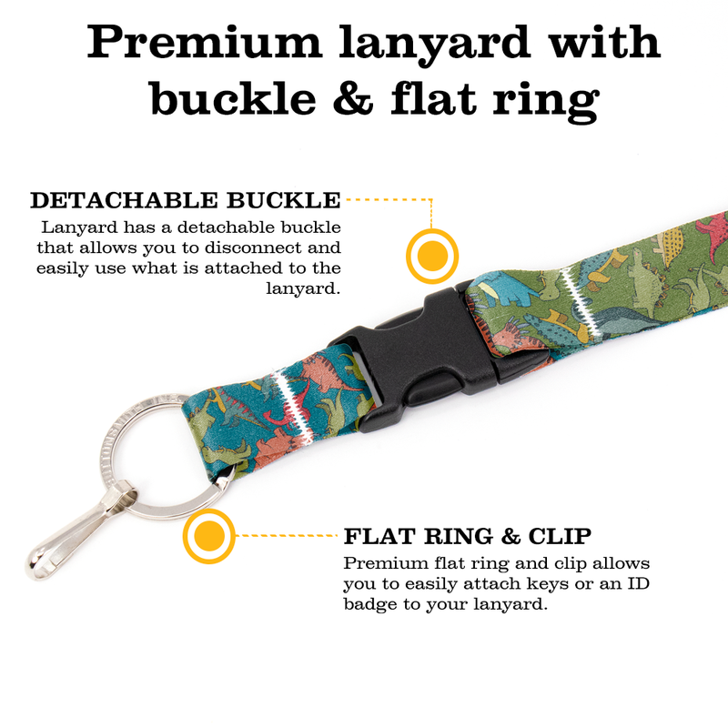 Dinosaurs Green Premium Lanyard - with Buckle and Flat Ring - Made in the USA