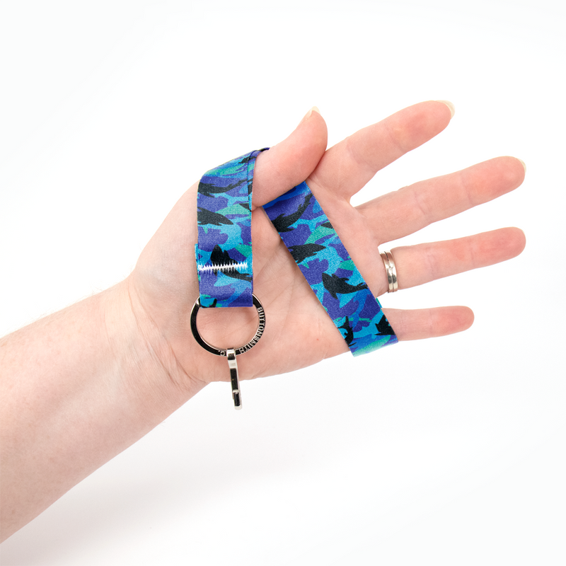 Shark Frenzy Wristlet Lanyard - Short Length with Flat Key Ring and Clip - Made in the USA