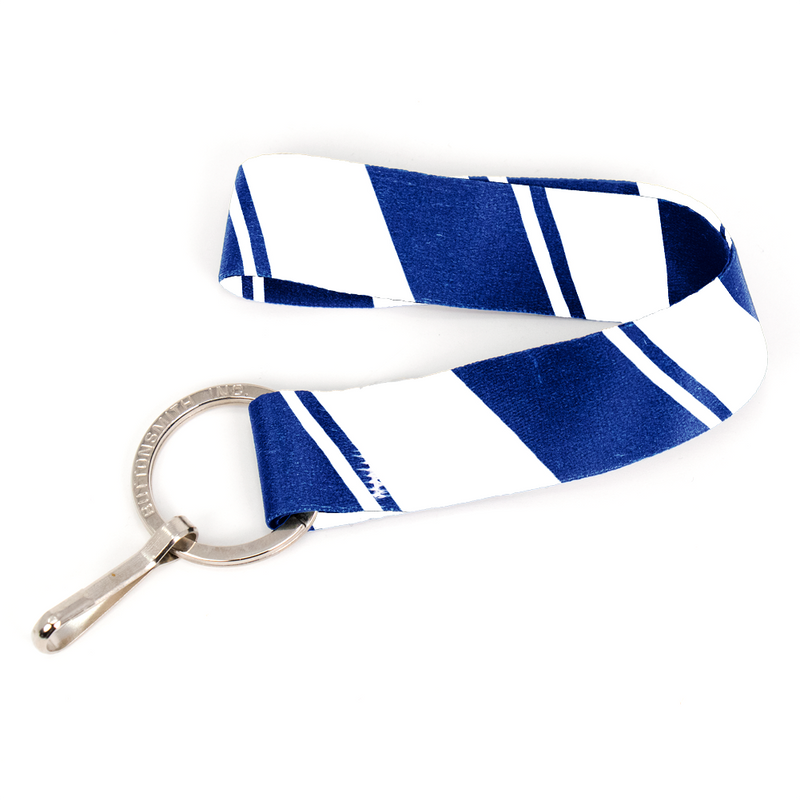 Blue White Stripes Wristlet Lanyard - Short Length with Flat Key Ring and Clip - Made in the USA
