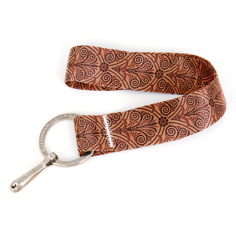 Greek Swirls Terra Cotta Wristlet Lanyard - Short Length with Flat Key Ring and Clip - Made in the USA