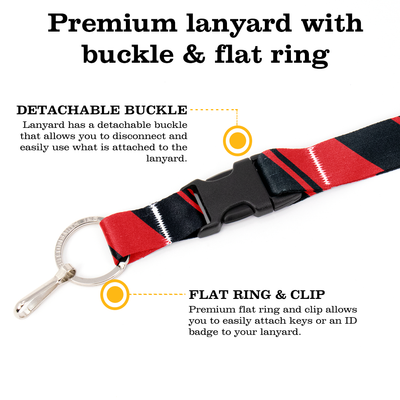 Red Black Stripes Premium Lanyard - with Buckle and Flat Ring - Made in the USA