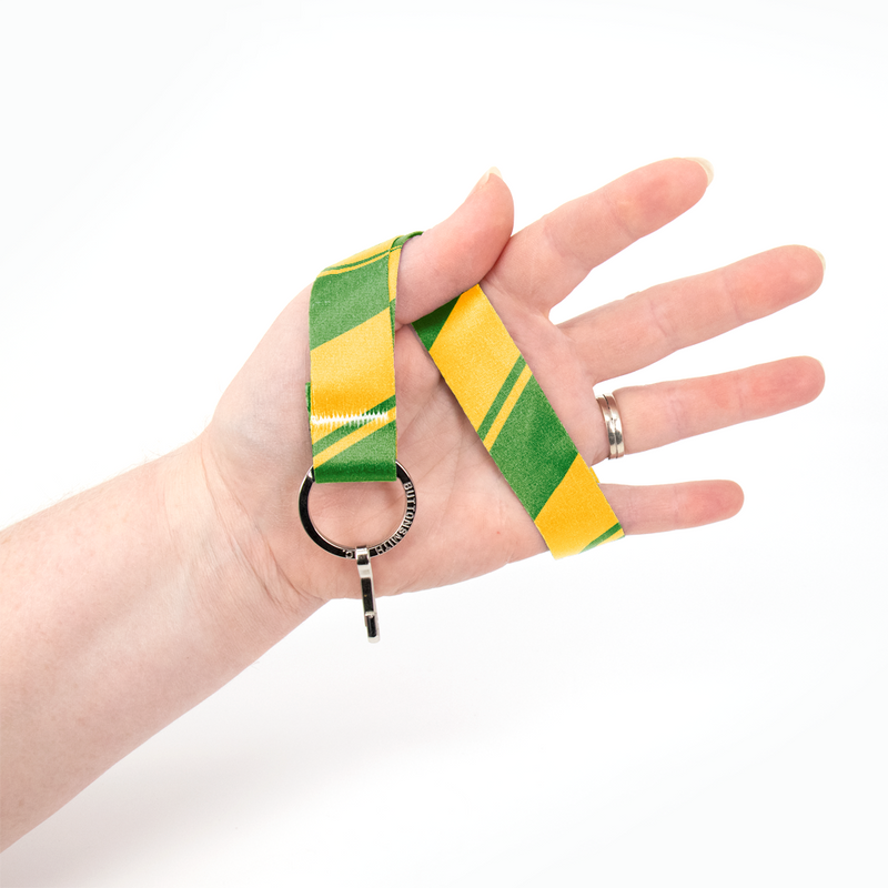 Green Yellow Stripes Wristlet Lanyard - Short Length with Flat Key Ring and Clip - Made in the USA