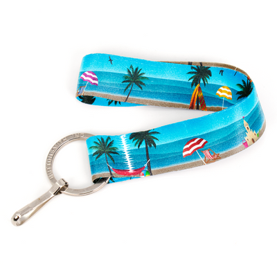 Life's A Beach Wristlet Lanyard - Short Length with Flat Key Ring and Clip - Made in the USA