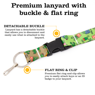 Cutie Cacti Green Premium Lanyard - with Buckle and Flat Ring - Made in the USA