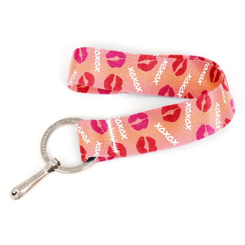 Kisses Blush Wristlet Lanyard - Short Length with Flat Key Ring and Clip - Made in the USA
