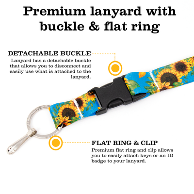 Disability Sunflowers Premium Lanyard - with Buckle and Flat Ring - Made in the USA
