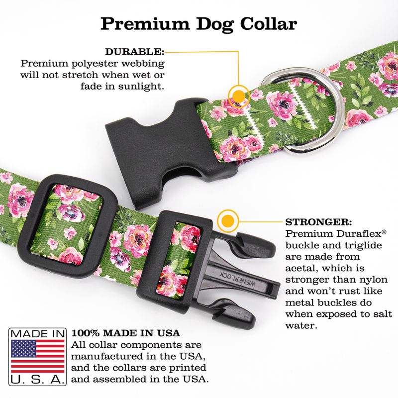 Peonies Green Dog Collar - Made in USA