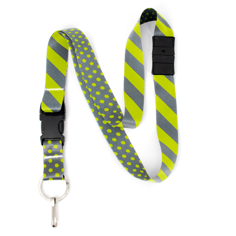 Pewter Lime Stripes Breakaway Lanyard - with Buckle and Flat Ring - Made in the USA