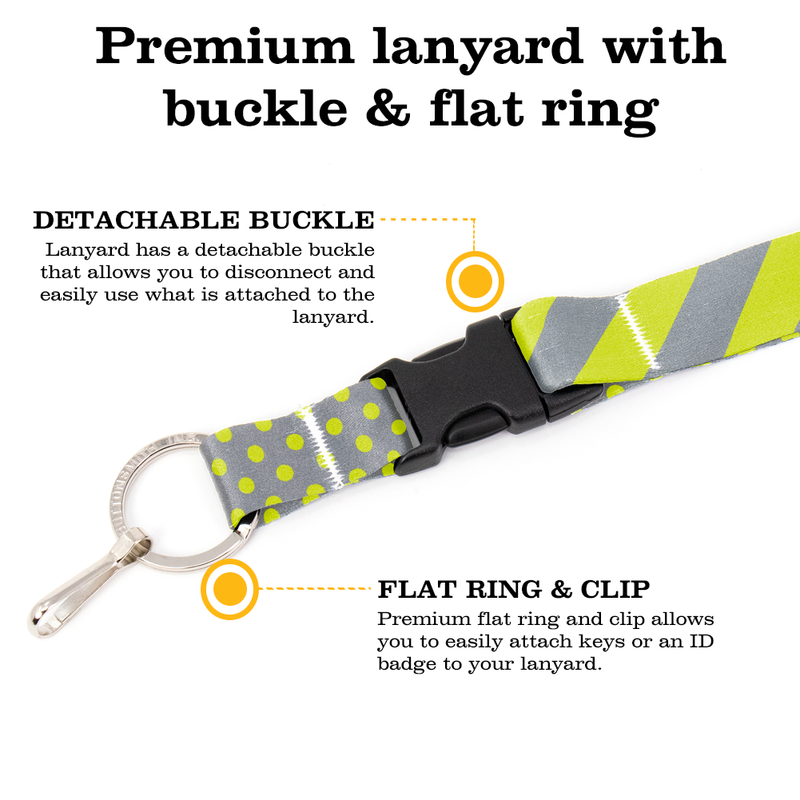 Pewter Lime Stripes Premium Lanyard - with Buckle and Flat Ring - Made in the USA