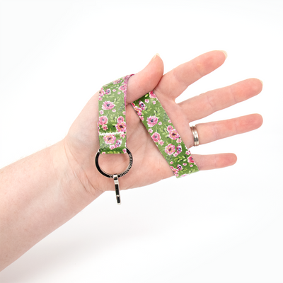 Peonies Green Wristlet Lanyard - Short Length with Flat Key Ring and Clip - Made in the USA