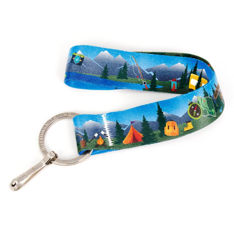 Happy Camper Wristlet Lanyard - Short Length with Flat Key Ring and Clip - Made in the USA