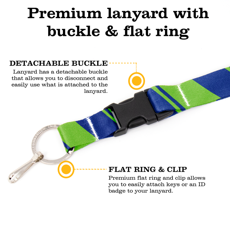 Blue Green Stripes Premium Lanyard - with Buckle and Flat Ring - Made in the USA