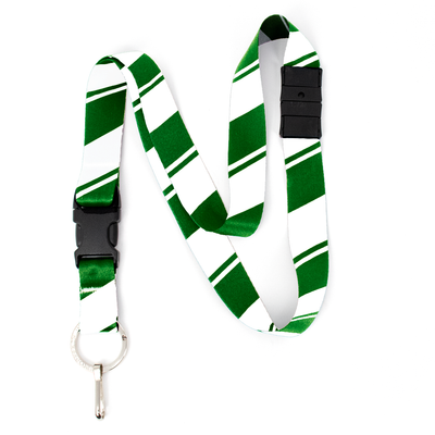 Green White Stripes Breakaway Lanyard - with Buckle and Flat Ring - Made in the USA