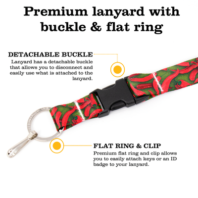 Chili Peppers Green Premium Lanyard - with Buckle and Flat Ring - Made in the USA
