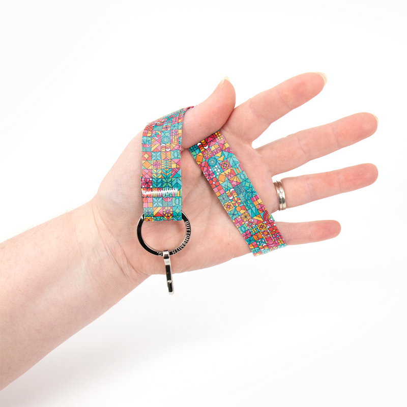 Geo Tiles Wristlet Lanyard - Short Length with Flat Key Ring and Clip - Made in the USA